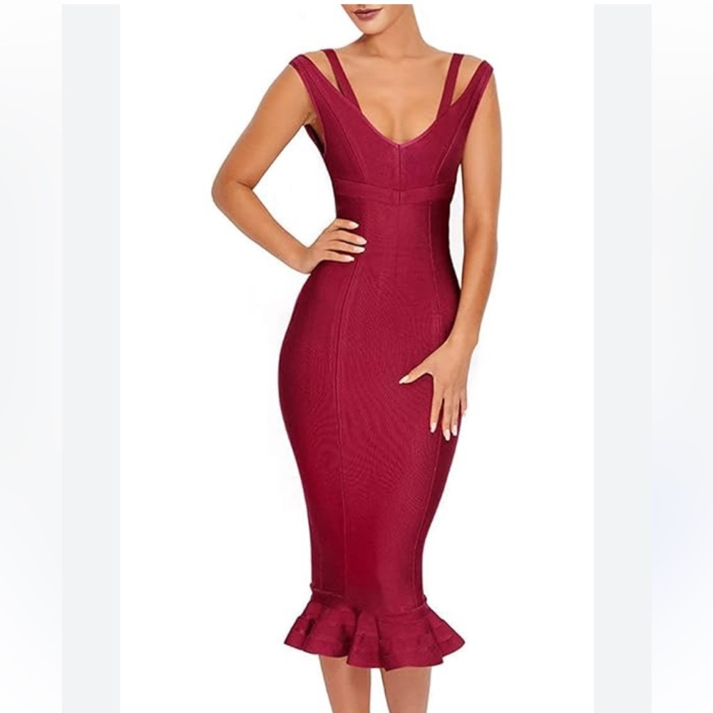 Mermaid V Neck Bodycon Midi Cocktail Bandage Dress